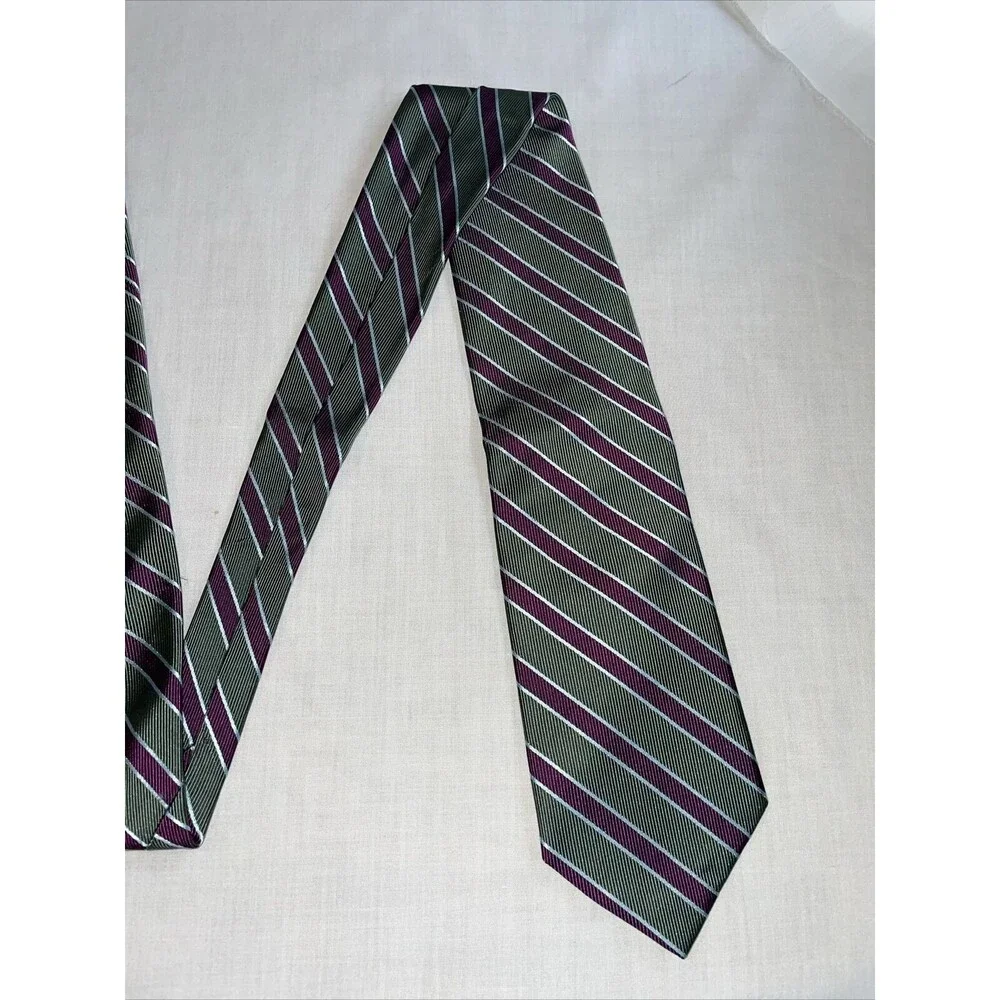Brooks Basics Men’s Dress Tie Size 58” Green Purple Striped Silk Business Formal